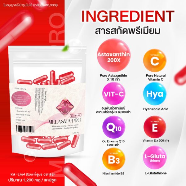 🩸NEW สูตรใหม่ล่าสุด MELASMA-PRO วิตามินผิวขาวใสยับยั้งการเกิดฝ้ากระจุดดำ ปรับผิวออร่าพุ่ง สวยใส สารสกัดนำเข้า1,200mg. - Image 4