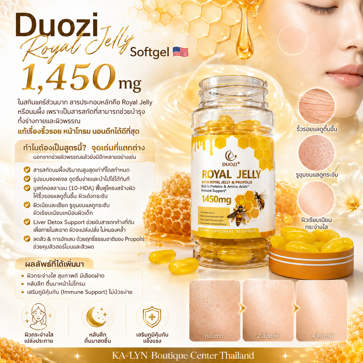 นมผึ้งซอฟเจลอเมริกา DUOZI ROYAL JELLY U.S.A 1,000mg. | ซอฟเจลพรีเมี่ยมปริมาณสูง ผลิตและนำเข้าจากอเมริกา สารสกัดรวม1,450mg. กระปุก60เม็ด - Image 3
