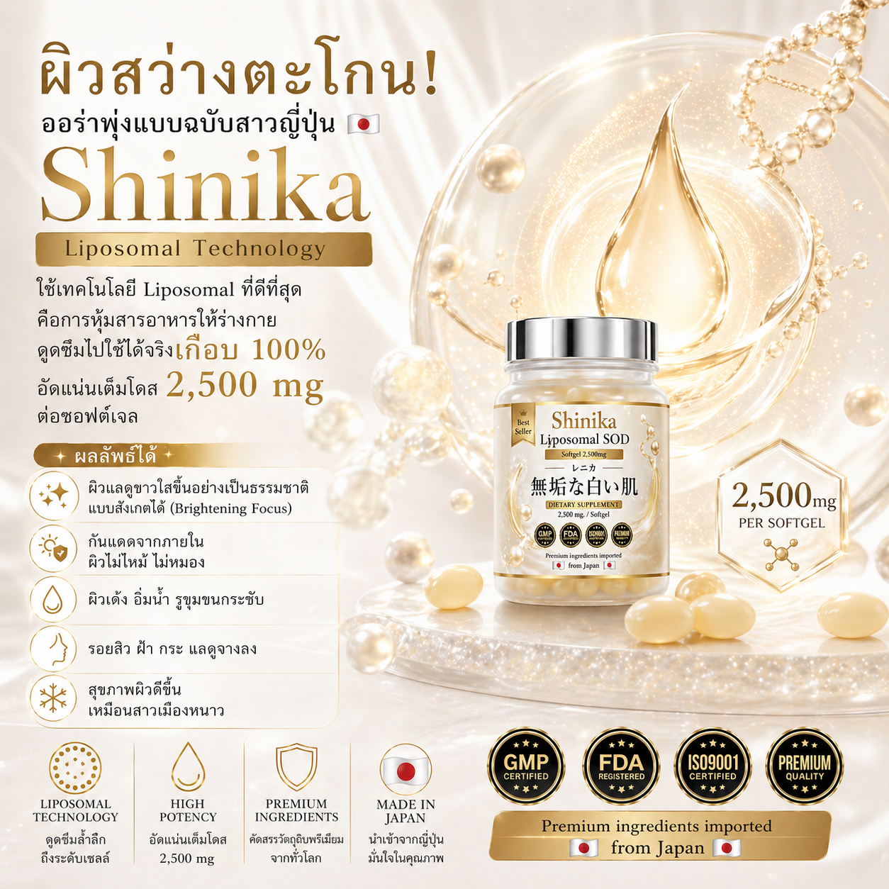 NEW🇯🇵レニカ กลูต้าไลโปโซมอล+SODซอฟเจลญี่ปุ่น 2,500mg Shinika พร้อมส่งในไทย🇹🇭 วิตามินผิวสวยใสเข้มข้น ลดผิวหมองคล้ำ กันแสงแดด - Image 3